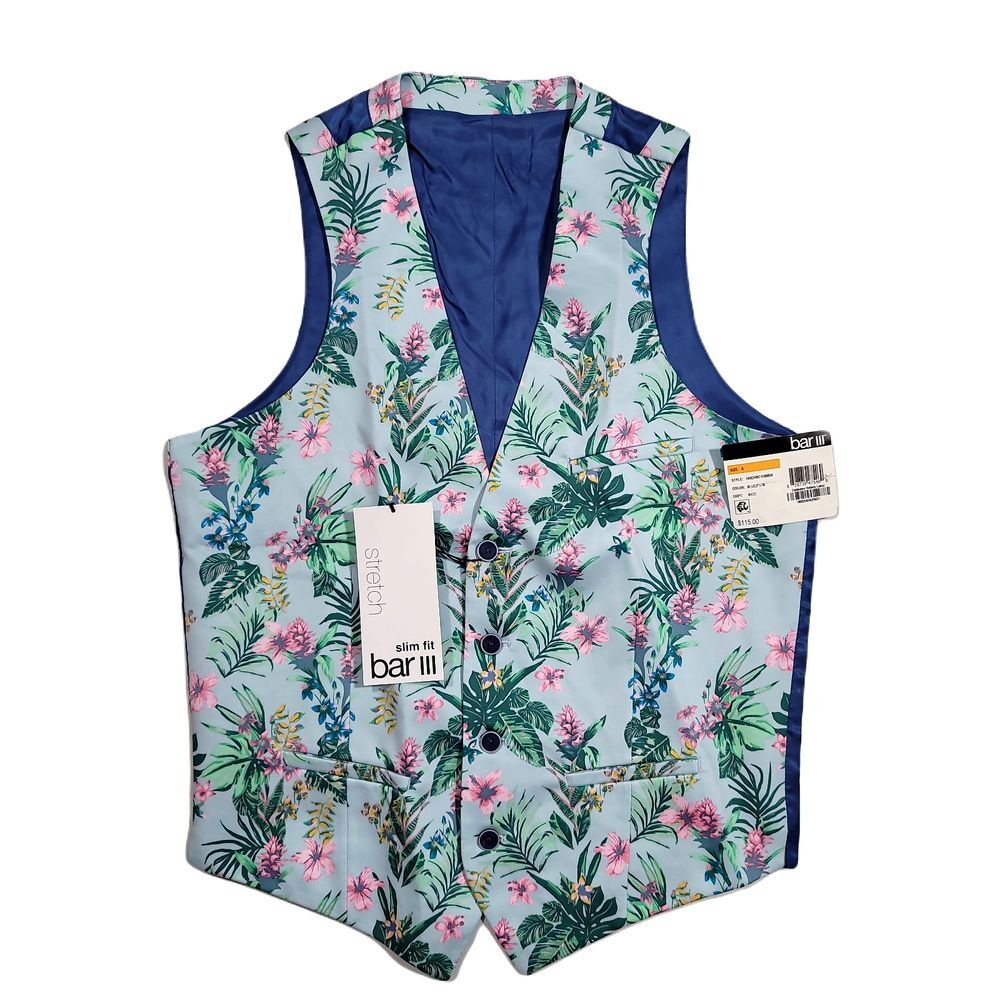 Bar III Slim-Fit Floral-Print Suit‎ Vest Mens Small Blue Pink $100 NEW